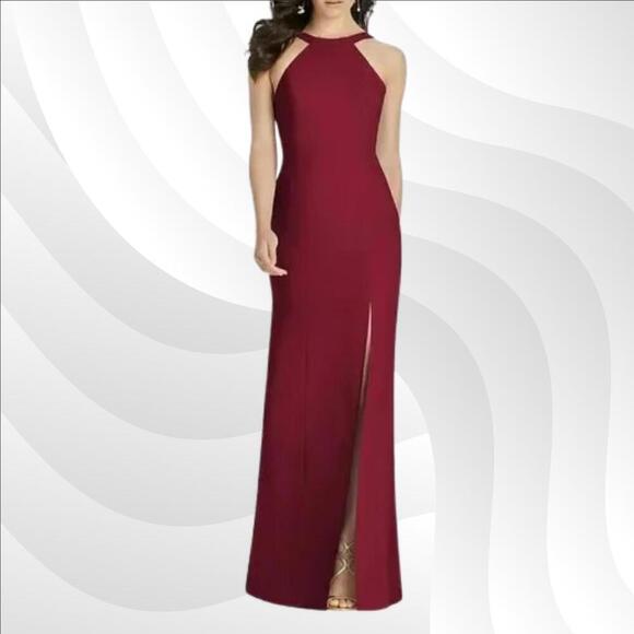 2/$50 Dessy Collection Burgundy Crepe Halter X-Back Dress 3039 Size 12 NWOT - Picture 1 of 9